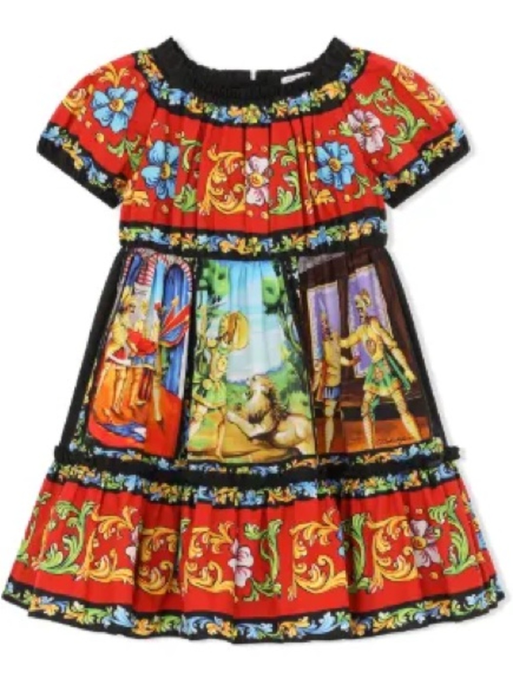 Dolce & Gabbana Red Floral & Scenic Print Puff-Sleeve Dress